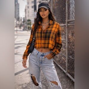 Wild Fable Cropped Plaid Button-Down Shirt | Orange & Black | Size L